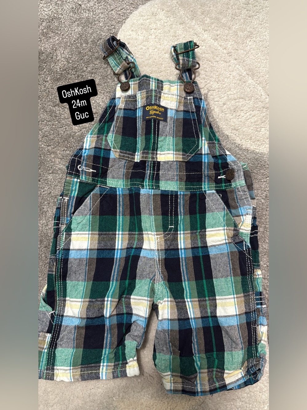 Vintage OshKosh Green & Blue Plaid ShortOveralls - Kids